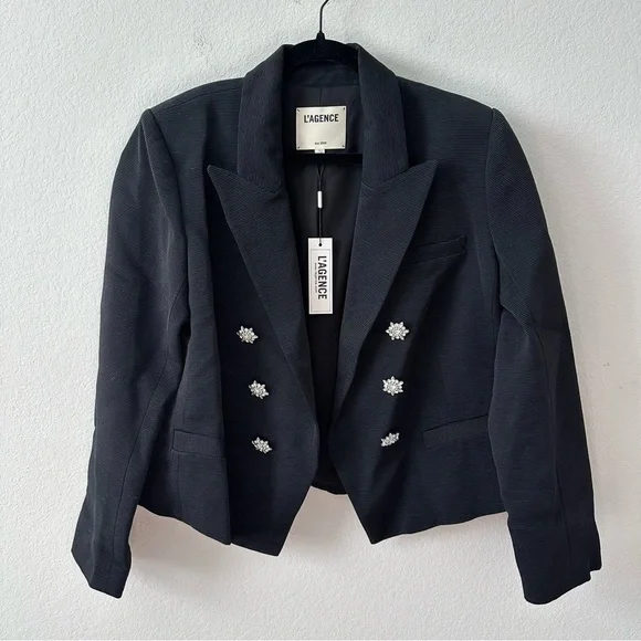 NWT L'AGENCE Brooke Double-Breasted Blazer in Black Rhinestone SZ US 12 - Picture 3 of 9